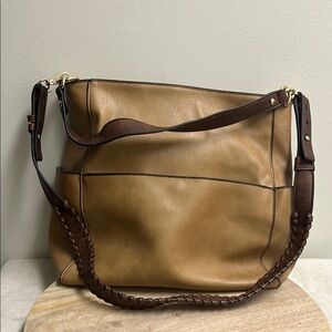 Tan and Brown Slouchy Shoulder Bag with Braided Strap